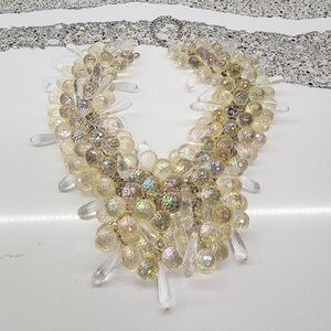 AKIRA Iridescent Beaded Statement Necklace Clear Crystal Fringe Collar NYE